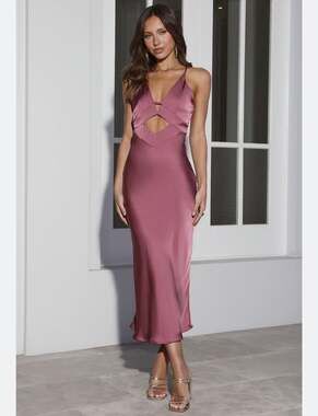 Hello Molly Your Warmth Satin Cut-Out Midi Dress in Rose